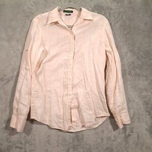 Lauren Ralph Lauren Shirt Women S 100% Linen Beige Cream Semi Sheer Button Down